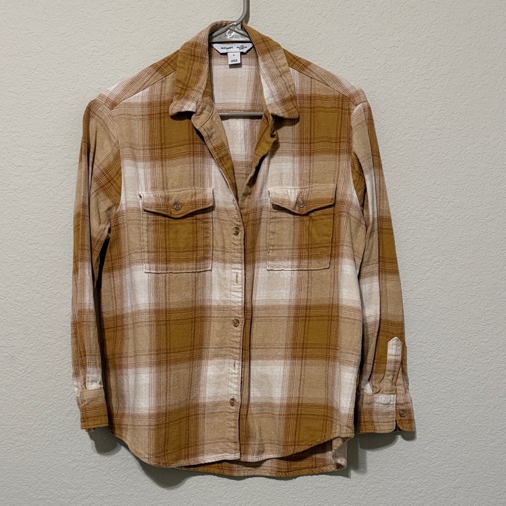 Old Navy Tan Plaid Boyfriend Shirt